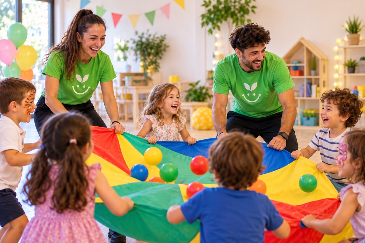 Imagen ilustrativa de animadores y niños jugando con un paracaídas de colores